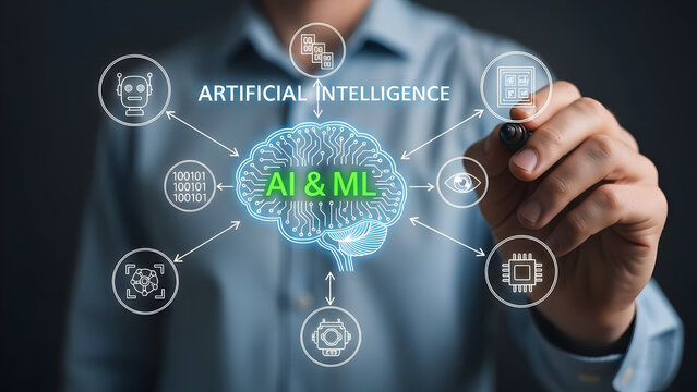 Man Interacting with Ai and Machine Learning Concepts - Powered by Adobe