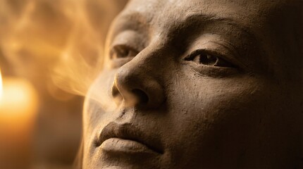 Obraz premium Close up of a clay face sculpture with smoke rising from the nose, symbolizing the breath of life in the creation story.