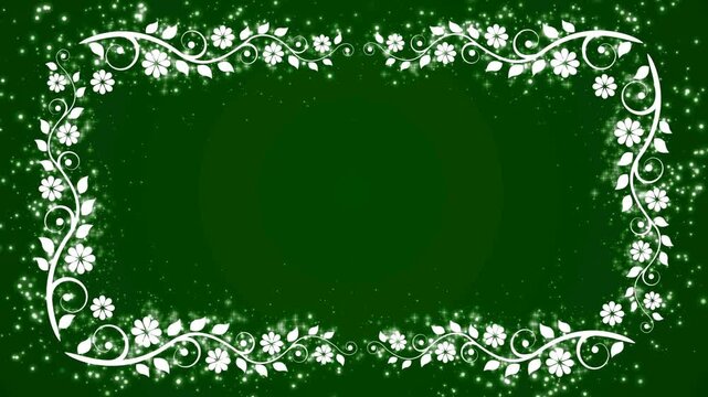 Abstract green background featuring a decorative flower frame and floating glowing particles, creating an elegant natural backdrop with gentle motion.