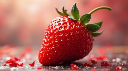 One large strawberry with a bright red color all over its surface