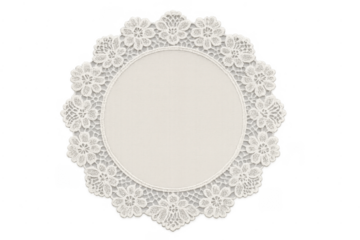Round white lace doily with floral embroidery