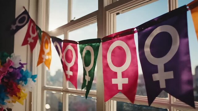 Colorful banners with feminist symbols hanging in a bright window