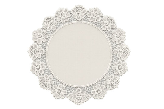Round white lace doily with floral embroidery