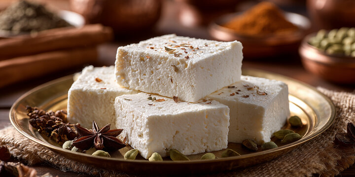 Macro of soft paneer texture, white and moist, on brass plate with spice grains around