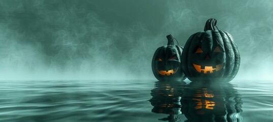 Spooky halloween night  foggy streets illuminated by glowing lanterns create a mysterious atmosphere