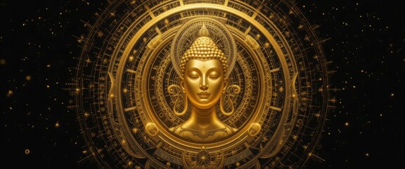 Golden Buddha Head in Cosmic Mandala