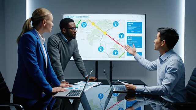 Logistics team strategy session for cold cargo delivery in modern office setting