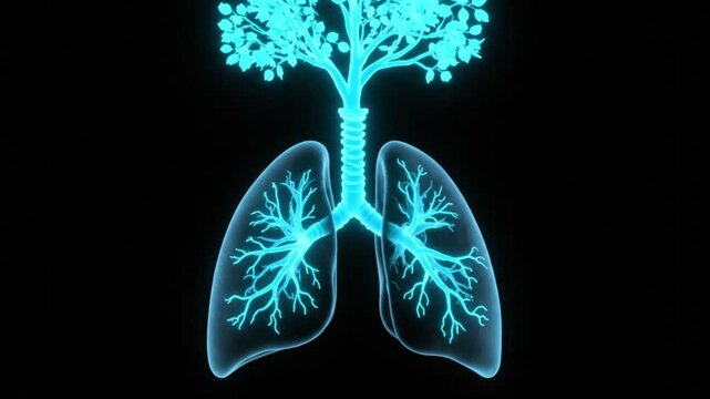 A glowing blue illustration of human lungs and trachea with a tree-like bronchial structure against a black background