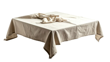 Square table draped in linen fabric; angled shot on a black background