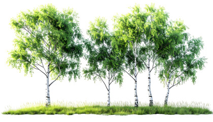 Group of tall birch trees with white bark and lush green foliage on a grassy mound