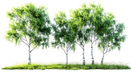 Group of tall birch trees with white bark and lush green foliage on a grassy mound