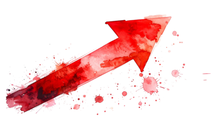 Red watercolor arrow pointing upwards, with splatters, against a black background
