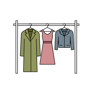 Minimal clothes rack icon with coat dress and jacket for indoor rummage sales
