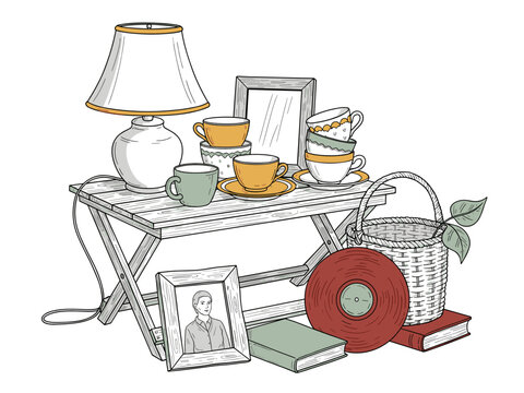 Foldable table with second-hand books, lamp, dishes and decor for indoor rummage sales illustration