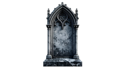 Gothic stone tombstone with ornate detailing, weathered texture, and a blank space for inscription