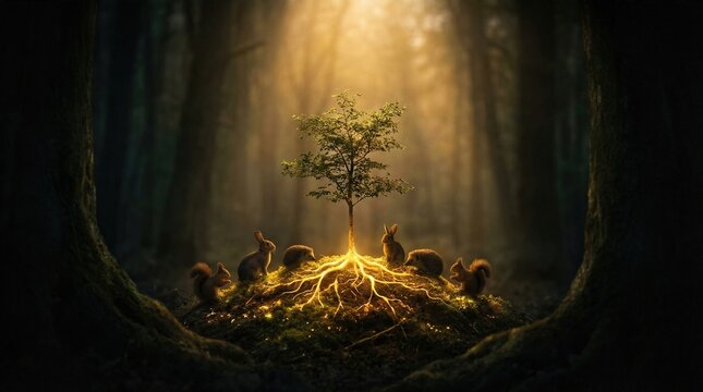 Small tree with glowing roots and wildlife in a mystical forest. Concept of life, nature, and the creation of living things. Genesis inspiration.