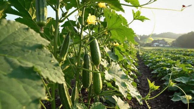 Ripe Cucumbers Growing on the Vine in a Sunny Field on a Beautiful Summer Day
