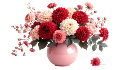 Lush, colorful dahlia and other blossoms in a pink vase against a black background