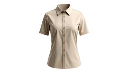 A neutrally-colored, short-sleeved button-down shirt is seen against a black background