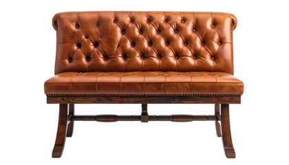 A front view of a tufted, brown leather bench with wooden frame