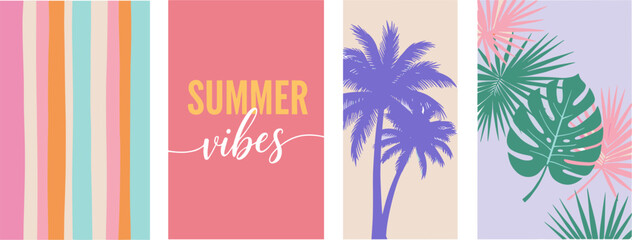 Summer vibes greeting card set with tropical palm tree silhouettes, colorful stripes, monstera leaf patterns, pastel vacation backgrounds, seasonal beach travel posters, vectors © G-World