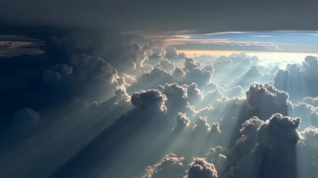 Sunlight streaming through dramatic clouds in a sky at sunset.