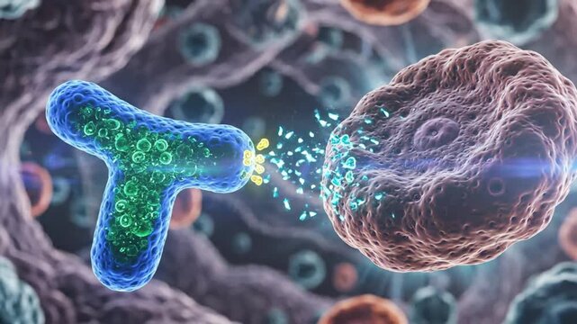 Visual depiction of a t-cell identifying and attacking an infected human cell, medical science animation