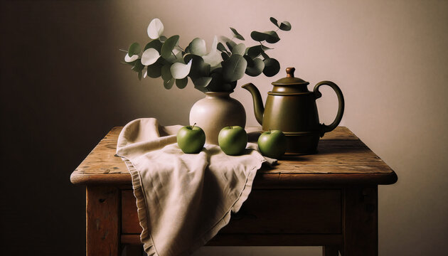 Nature morte avec pommes, vase avec branches d'eucalyptus et th&eacute;i&egrave;re