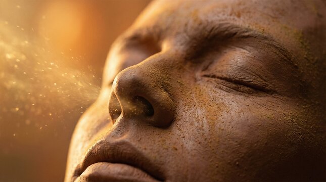 Close up of a mans face made of clay, with dust particles swirling around his nose. Concept of the breath of life and creation of man from dust, for religious or spiritual content.