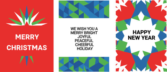 Set of Merry Christmas greeting cards with festive illustrations of pine branches, red poinsettia, gingerbread man, decorated tree, and winter holiday ornaments, creative seasonal banners. © G-World