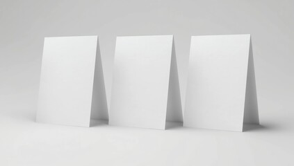 Mockup three white blank paper table card 3d illustration isolated on white background with clipping path, table tent blank, Stand for booklets with white sheets of paper