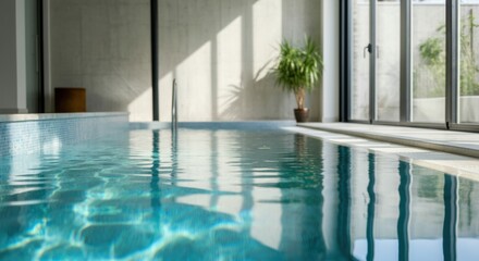 Obraz premium Indoor swimming pool with sunlit water and floor-to-ceiling windows and potted palm