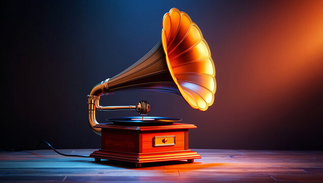 Vintage Gramophone with Horn and Record on Wooden Surface