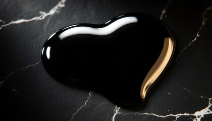 Luxury black glossy liquid heart shape on dark marble stone texture background. Premium obsidian or crude oil love symbol for dark mode design, gothic valentine or modern art.