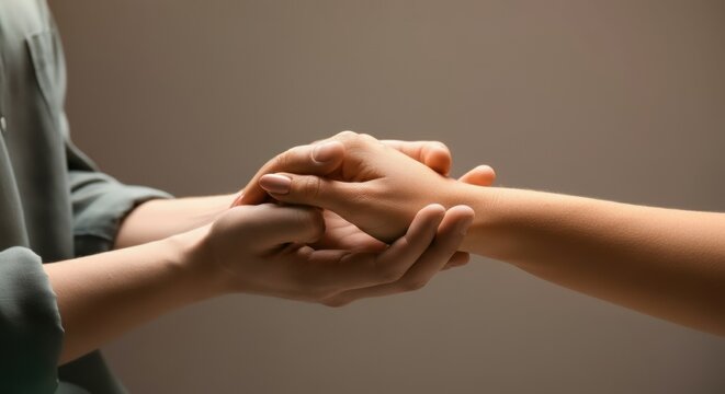 Hands holding in a gentle supportive gesture conveying comfort and connection