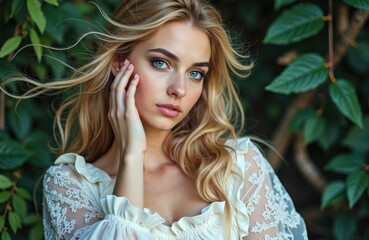 Naklejka premium Woman with long blonde hair posing against green foliage in lace blouse