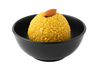 golden besan laddu in black bowl with almond garnish