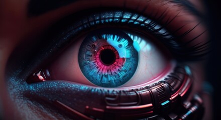 Cybernetic eye with glowing blue iris and intricate mechanical components