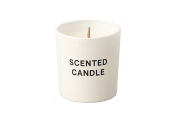 Scented candle in white ceramic jar with wooden wick