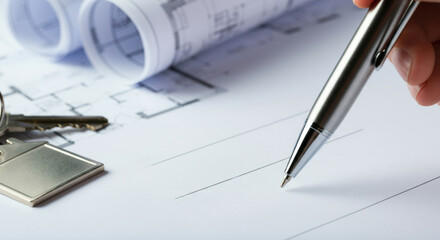 Hand signing architectural plans with house key and rolled blueprints nearby