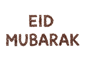 eid mubarak text made of coffee beans on white background