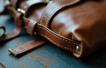 Fototapeta premium Brown leather bag with stitched straps resting on distressed blue wooden surface