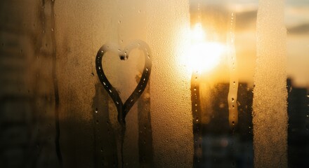 Heart drawn on fogged window with soft golden sunrise light and city bokeh