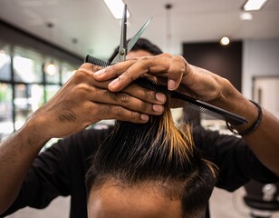 Skilled Barber's Hands Meticulously Cutting a Man's Hair with Scissors and Comb for a Fresh Style