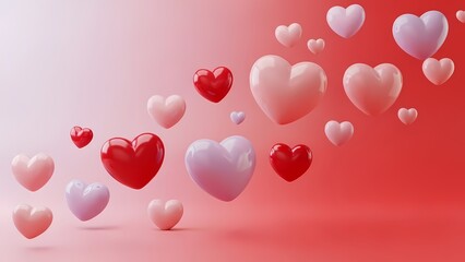 Floating hearts in red and pink hues on gradient background
