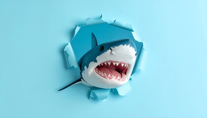 Fierce shark bursts through paper with sharp teeth bared, creating a dramatic, attention-grabbing visual.