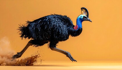Dynamic cassowary bird in motion kicks up dust with powerful legs, showcasing vibrant blue neck