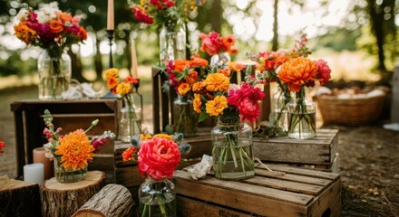 Naklejka premium Colorful flowers arranged on wooden crates for rustic outdoor celebration