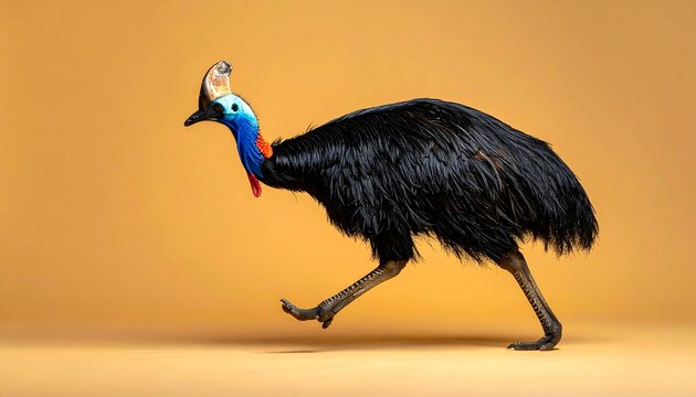 Vibrant cassowary bird with striking blue neck and orange wattles captured mid-stride