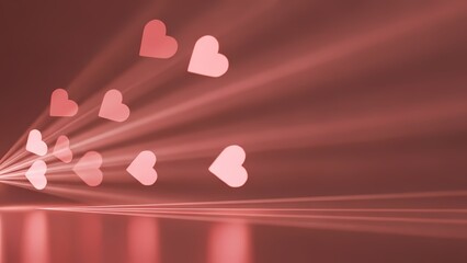 Hearts flying through red light beams